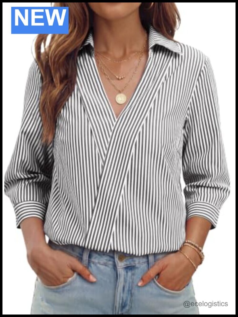 3/4 Length Sleeve V Neck Crossover Wrap Blouse Striped Top for Office Travel